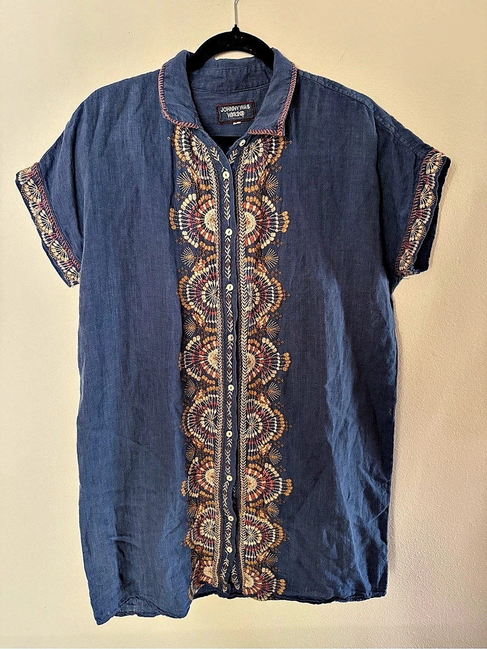 Johnny Was Workshop Blue Embroidered Linen Tunic Dress L Boho Western